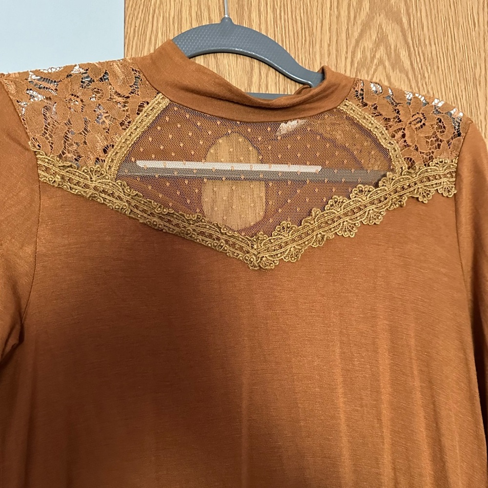 Burnt orange long sleeve dress with lace detail